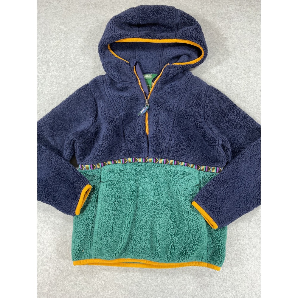 LL Bean Kids Hi-Pile Fleece Hoodie Navy Teal Colorblock Half Zip M 10-12 2634